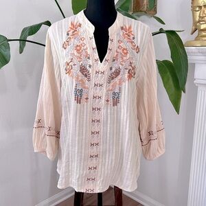 Solitaire Anthropologie BohoEmbroidered Cotton Pullover Blouse Top